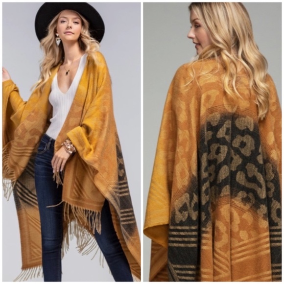 Tuscan Animal Print Color Block Knit Ruana Tassel Fall Winter Casual Wrap - Picture 1 of 7